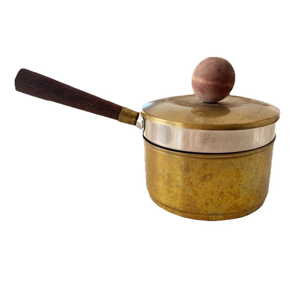Vintage Double Boiler Pans Cook Set‎ 4 PC Wood Handle 4 Cups 32 Oz